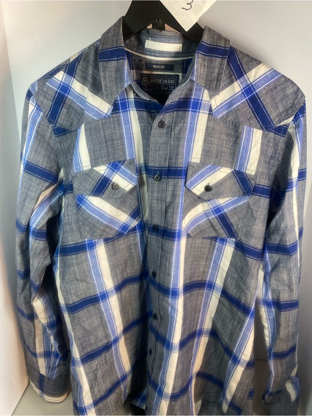 American Rag Blue, White and Gray Plaid Western-Style Button-Down